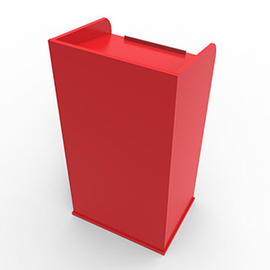 Pupitre discours rouge est en bois et doté de rangements en accès libre avec une tablette inclinée avec usinage pour les micros